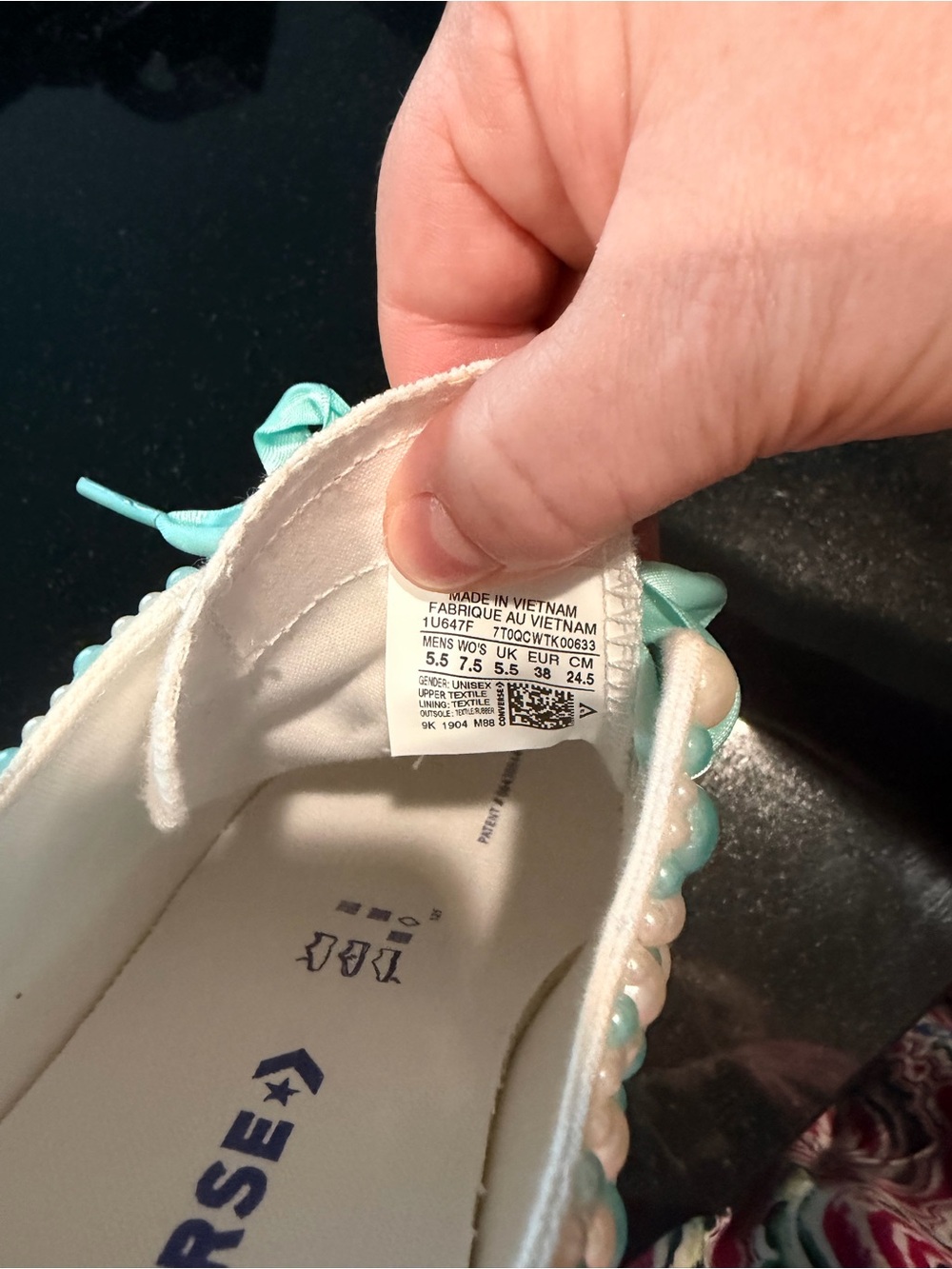 Converse Women's White Sneakers with Aqua Ribbon & Pearl Embellishments - Picture 5 of 5